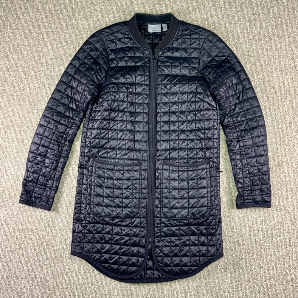 Athleta Quilted‎ Long Jacket XXS Black Lightweight Bomber Coat Warm Layering